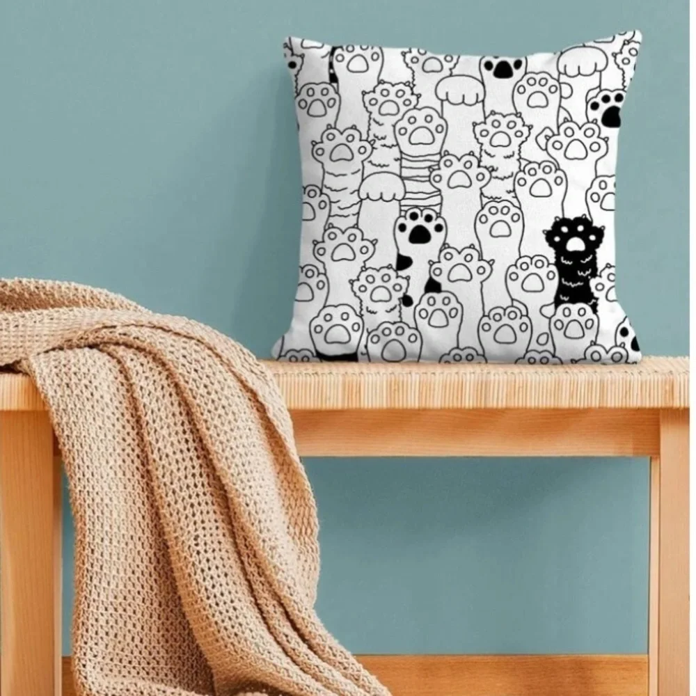 Pillow Cover Cat Paw Print Zip Closure Deco Large Black White Square 17.7 inch